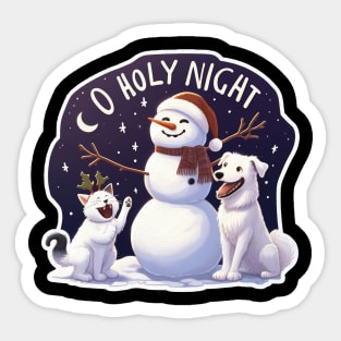 O Holy Night White Cat Dog Snowman Sticker